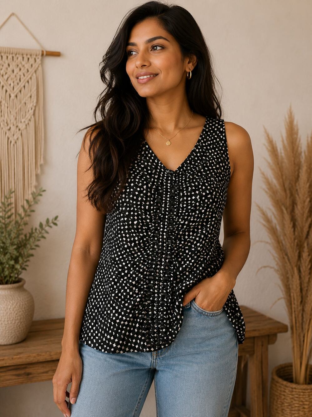 Rafaella Black/White Diamond Print V-Neck Sleeveless Blouse w/ Beading Women's L